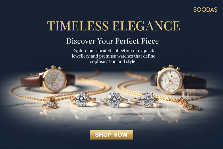 My category is Jewellery & Watches. I need to generate a nice banner related to it and use two nice headlines, a  description and a shop now button. My store name is soodas.